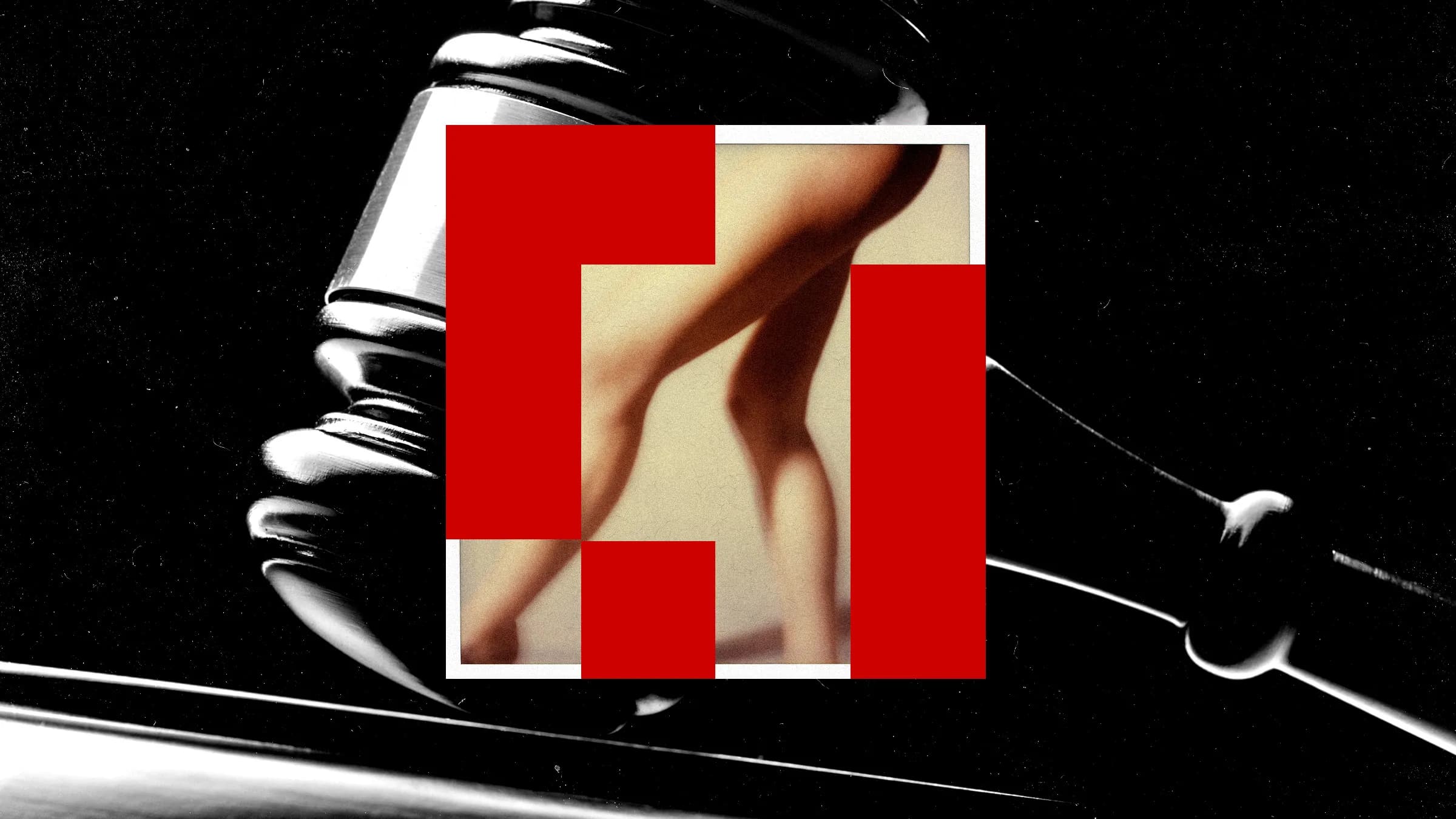 Collage of a gavel nude legs and pixels