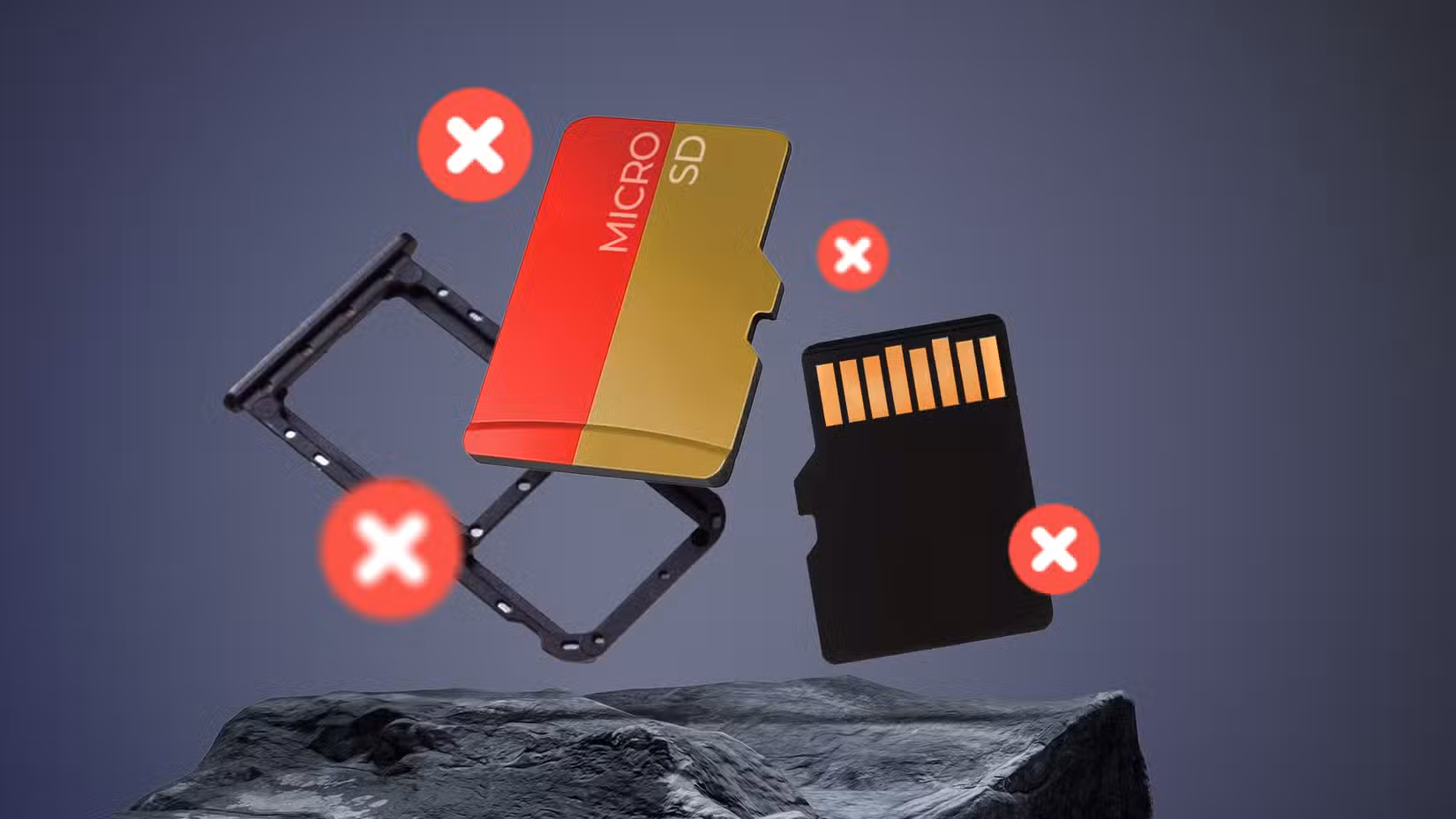 Illustration of microSD cards and a SIM tray with red X symbols over them.