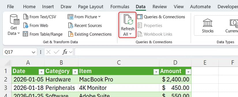 Refresh All is selected in the Data tab of Microsoft Excel's ribbon.