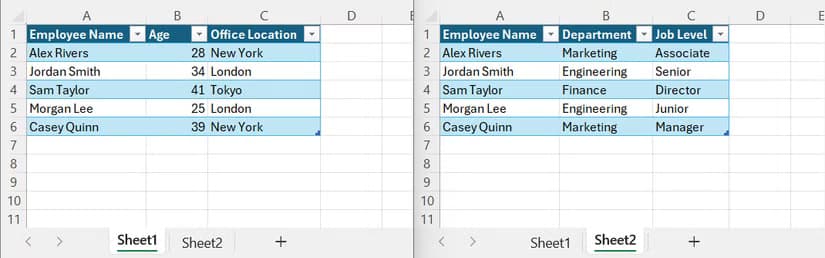 Two tables, each on separate Excel worksheet tabs, containing details about the same employees.