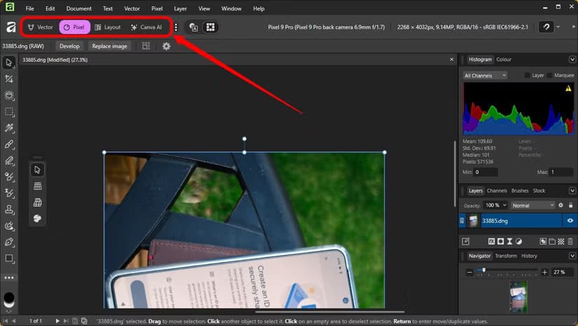 The different modes in Affinity are arrayed along the top-left of the screen.