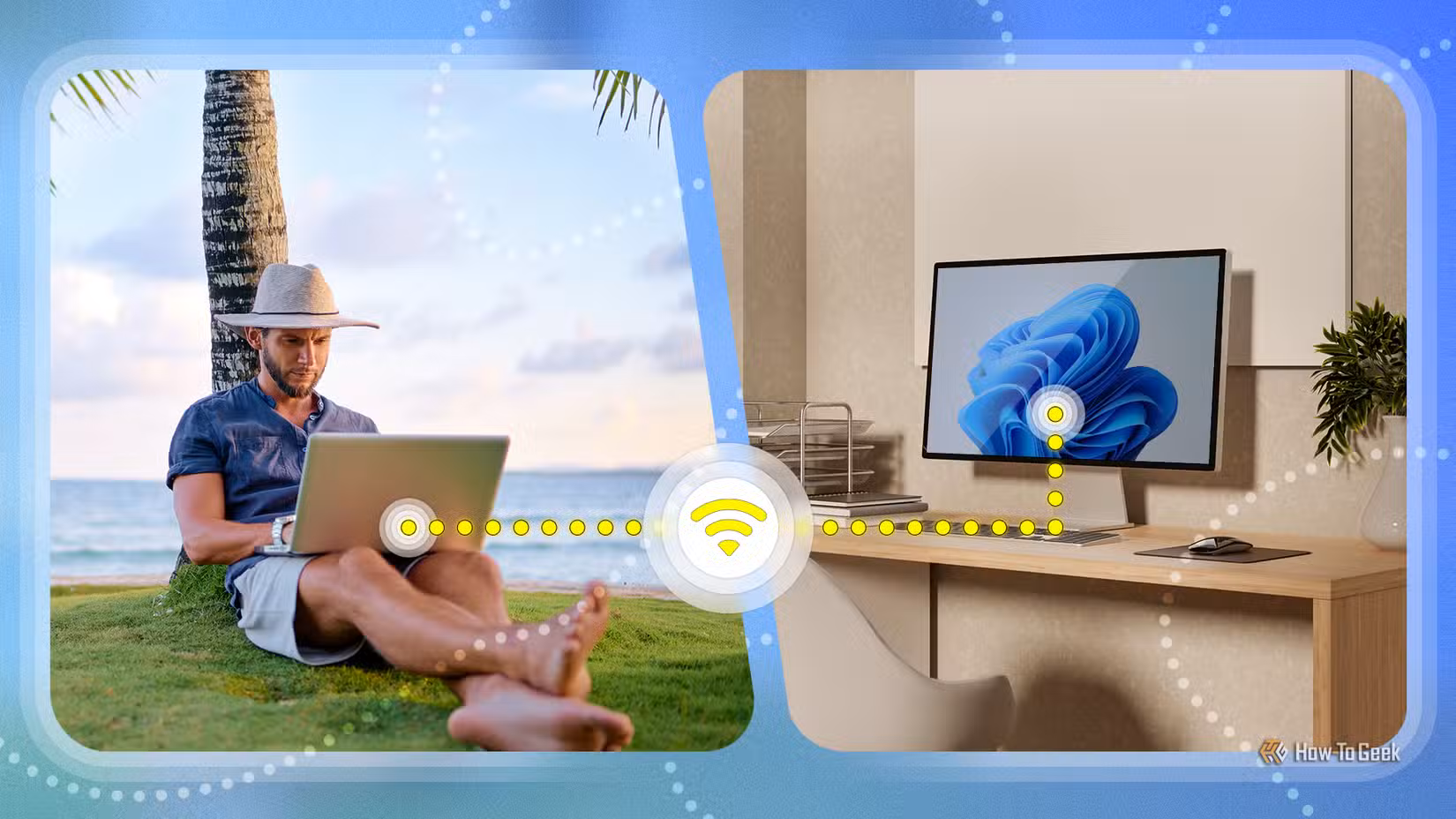 A man working on a laptop under a palm tree, remotely connected to a desktop PC in an office.