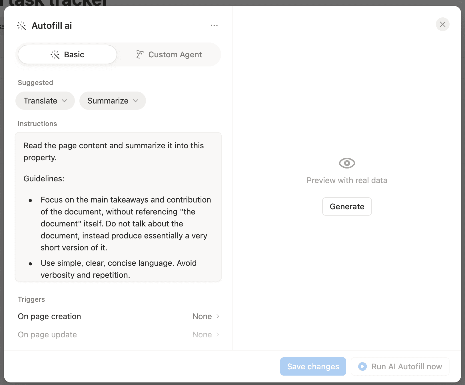 Notion AI Autofill property settings.