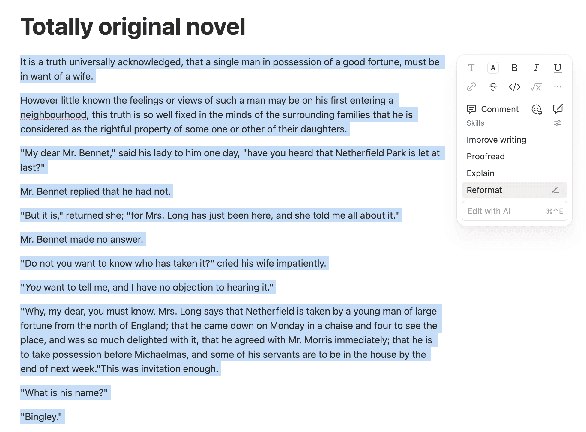 Highlighted text block in Notion with an expanded view of Notion AI edit actions.