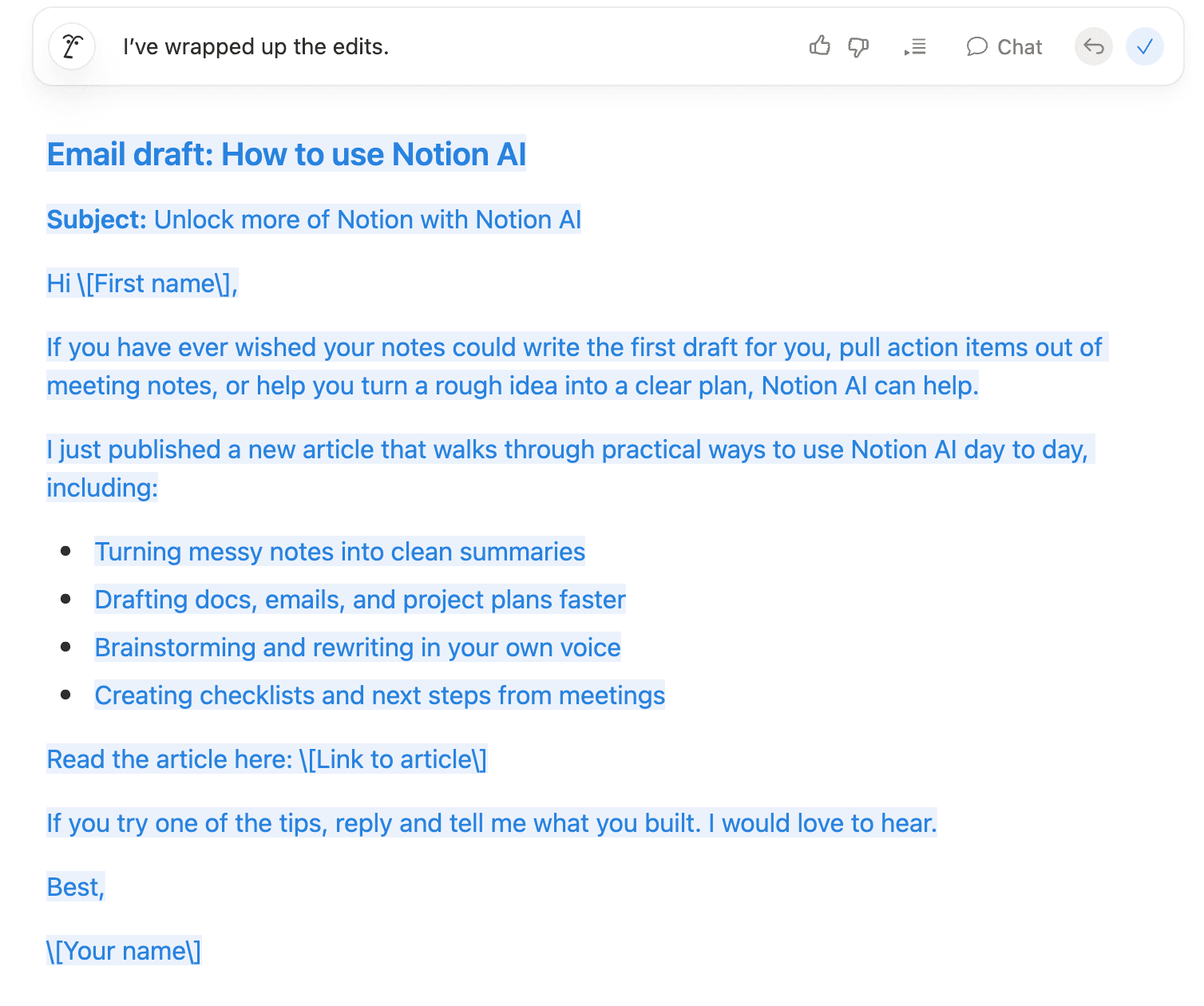 Drafting an email with Notion AI