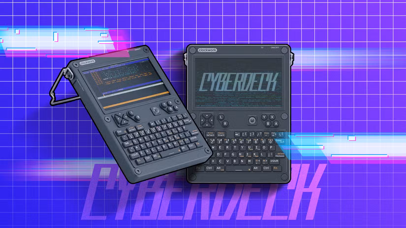 A cyberdeck with a gradient background and some lights around it.