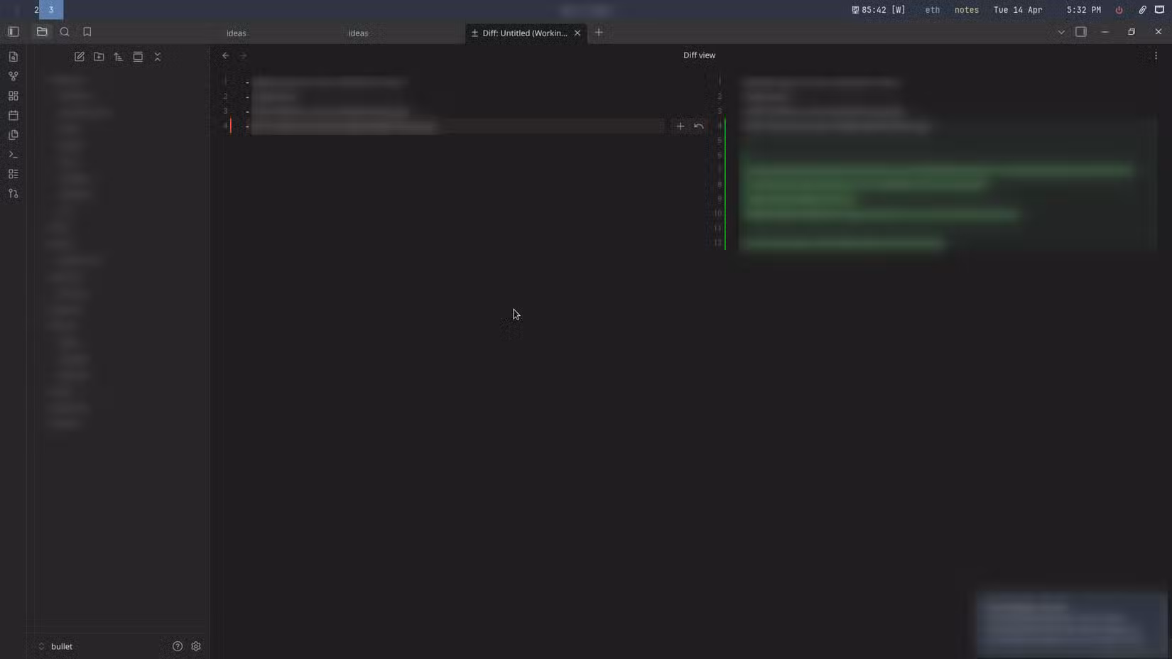 Viewing sync diffs inside Obsidian using the Git plugin.