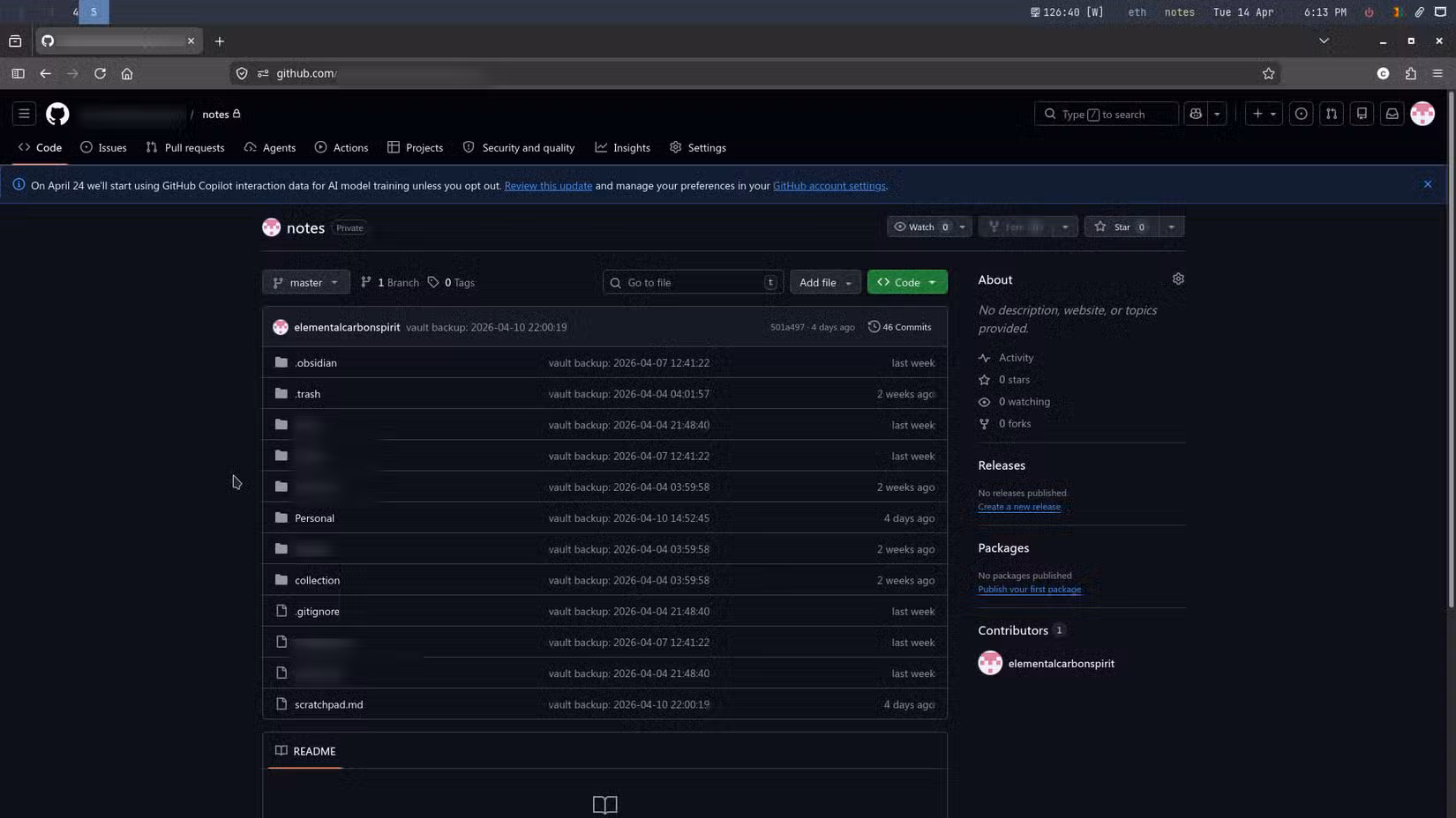 My Obsidian vault is synced with a Github repo.