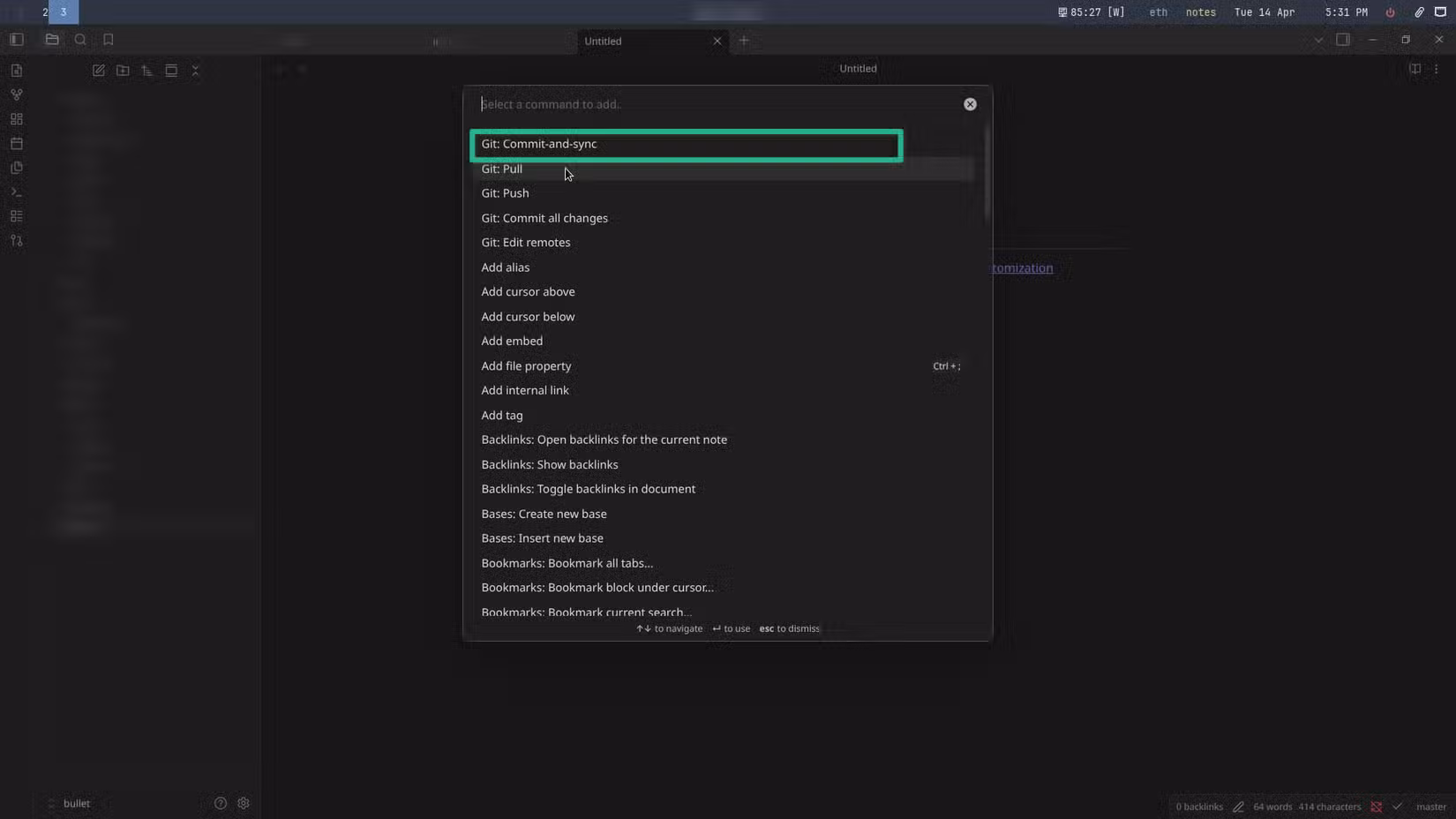 Commit and sync changes via the Obsidian Command Palette.