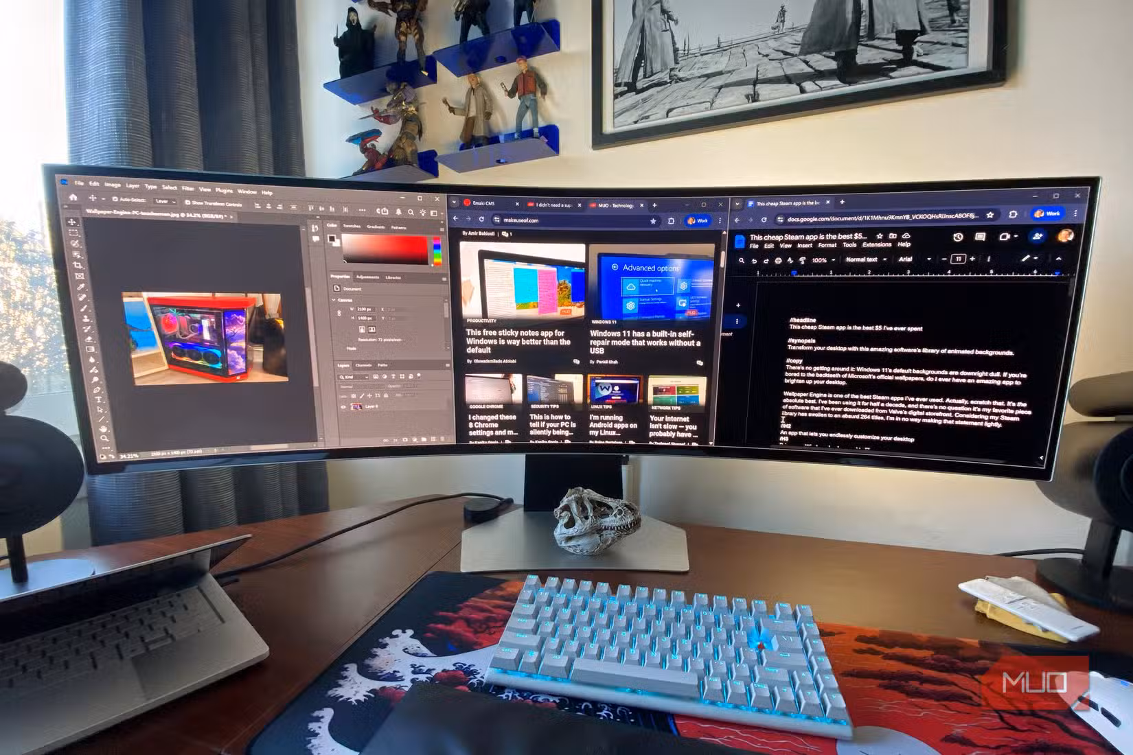A Samsung Odyssey OLED G9 monitor with Photoshop and Google Chrome open
