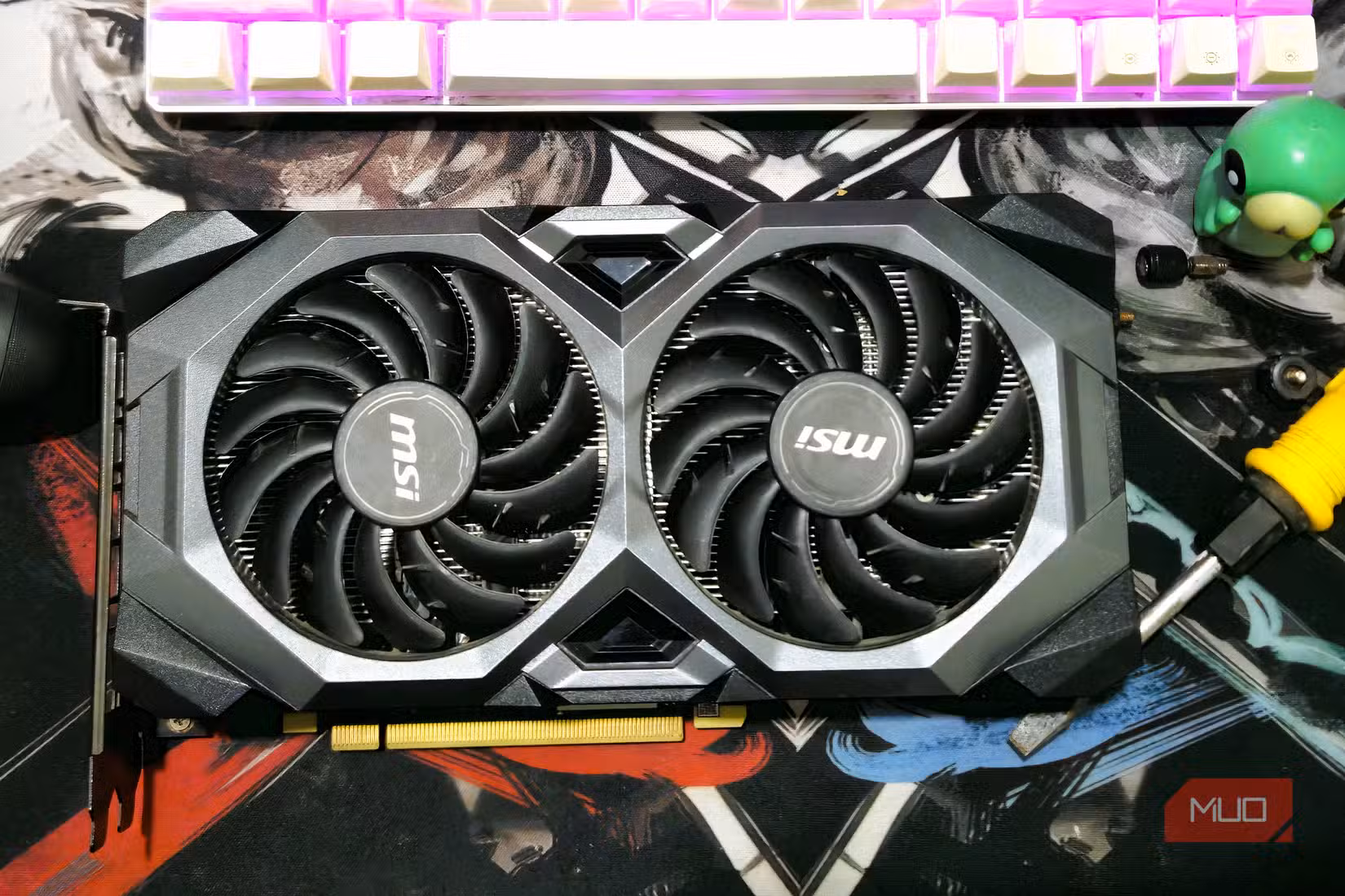 Picture of a GPU sitting on a table.