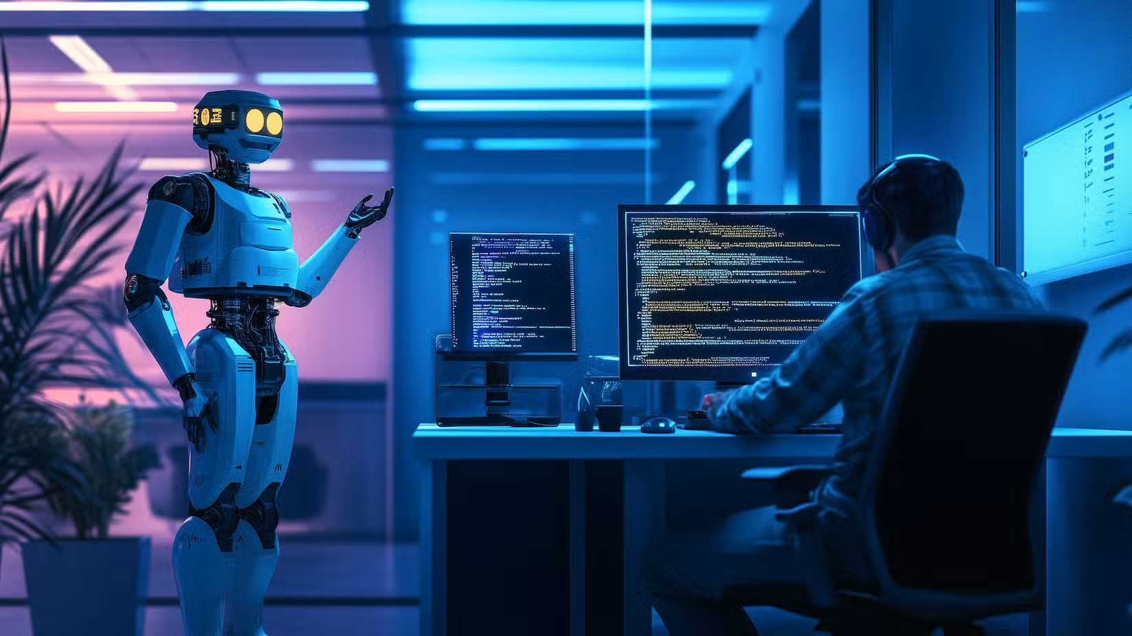 A robot dictates computer code to a human being seated at a computer.