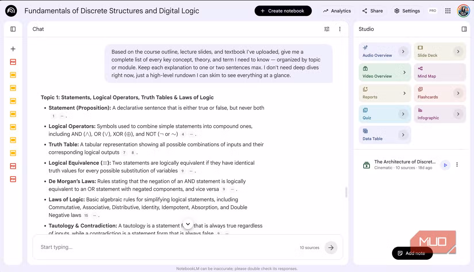 screenshot of discrete structures and digital logic course notebook showing lecture notes on statements logical operators and truth tables with sidebar resources and studio panel