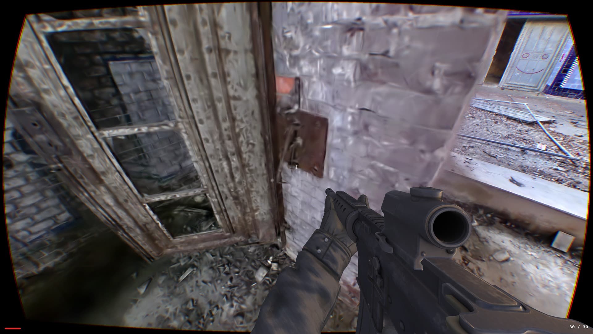 A screenshot from the PlayCanvas FPS game made with gaussian splats showing poor up-close detail.