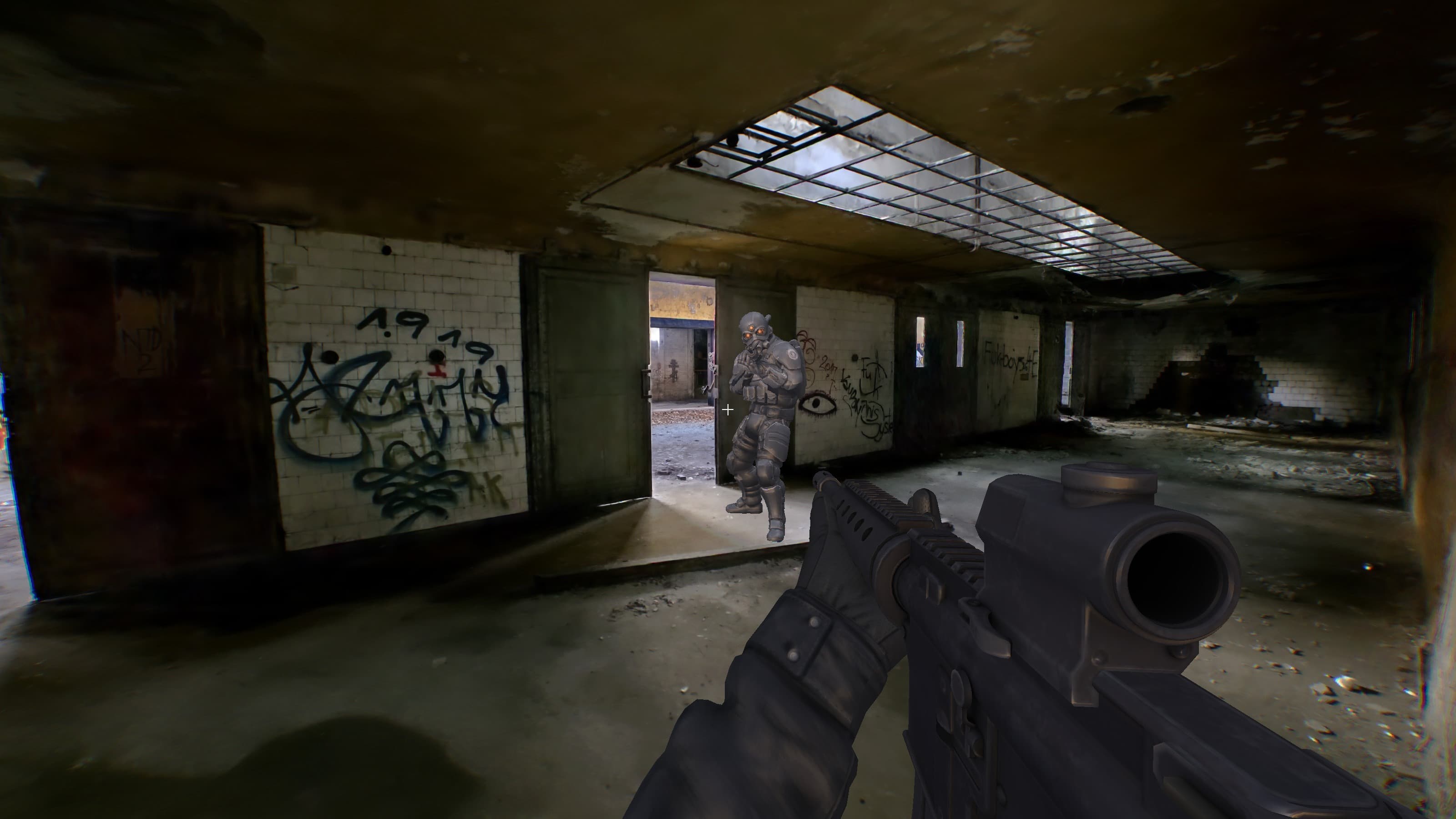 A screenshot from the PlayCanvas FPS game made with gaussian splats showing an enemy character with poor lighting.