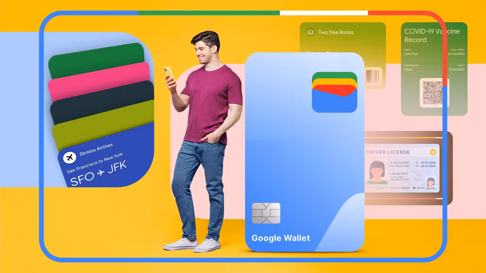 A man holding a phone stands beside a large Google Wallet card, with digital items like boarding passes, loyalty cards, vaccine records, and a driver’s license displayed around him.
