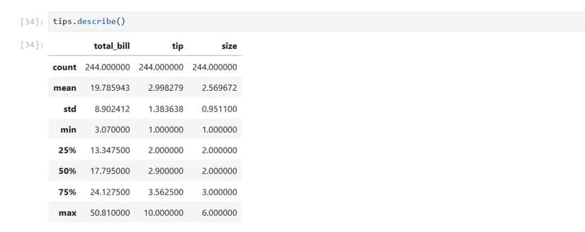 Descriptive statistics using pandas of a restaurant tips dataset in a Jupyter notebook.