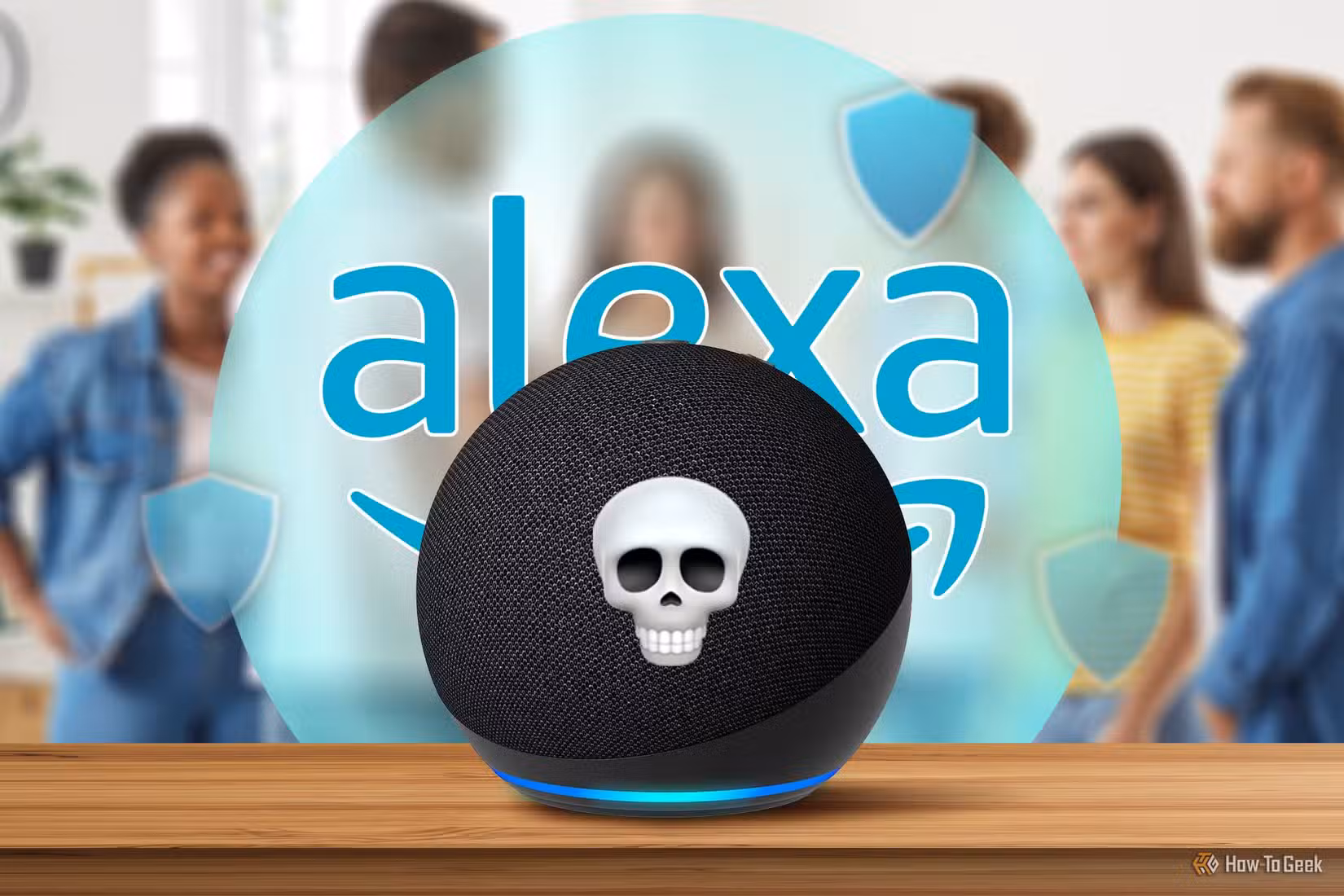 Amazon Alexa Echo dot with a skull emoji.