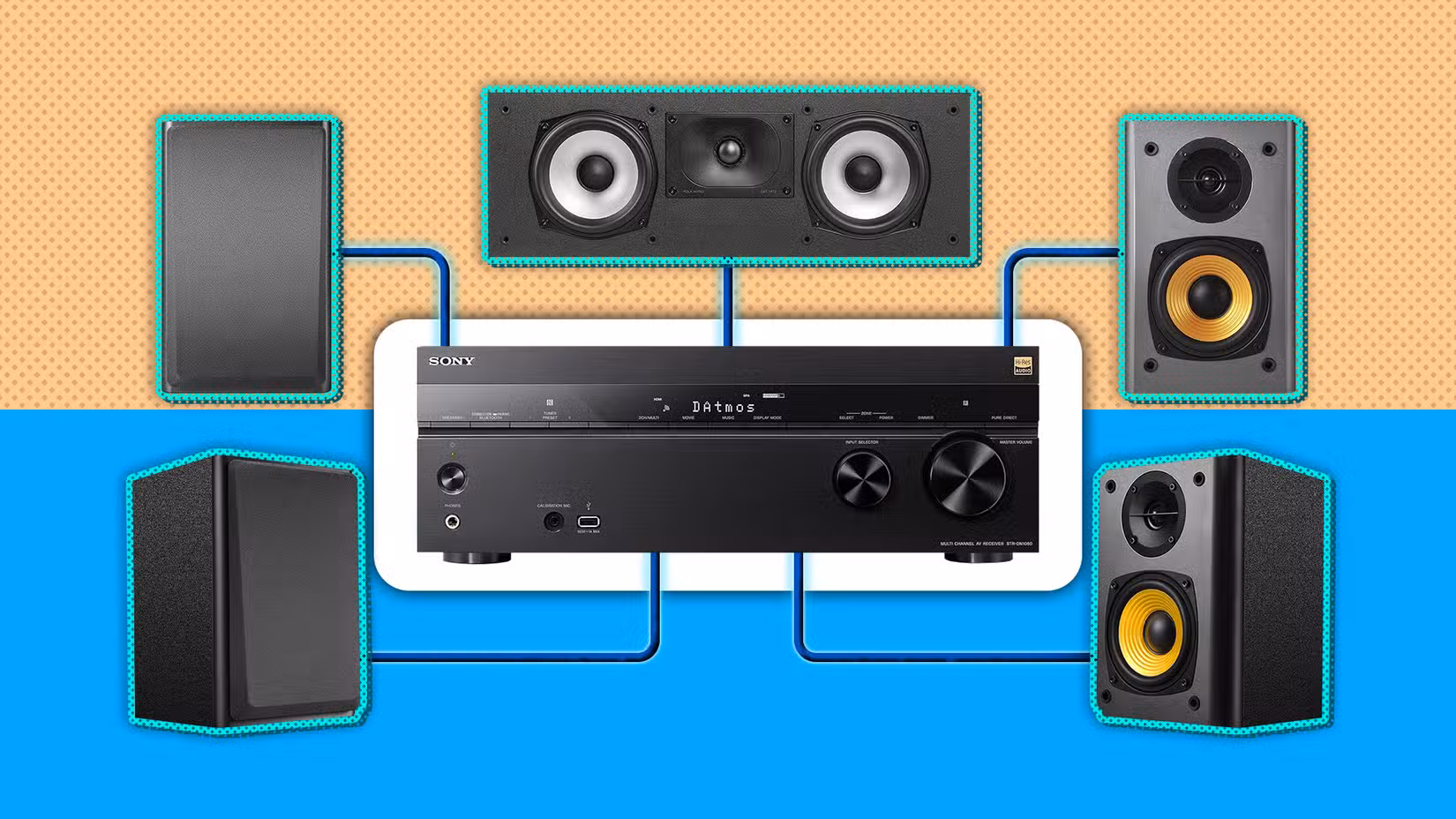 A graphic of an AV receiver with speakers connected to it.