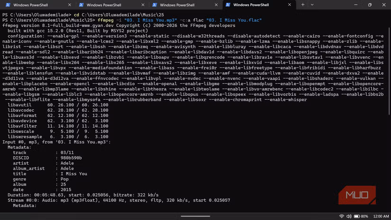 Windows PowerShell window running an FFmpeg command to convert an MP3 audio file to FLAC format.