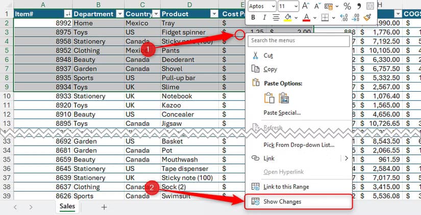 Some cells are selected in Excel, and Show Changes is highlighted in the right-click contextual menu.
