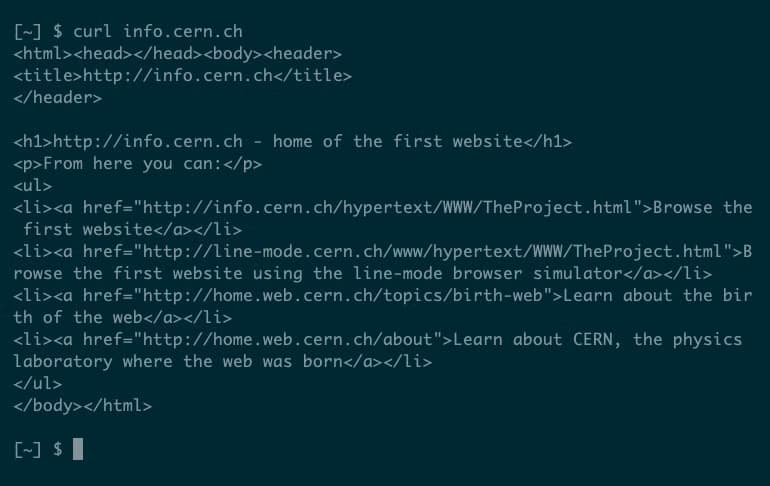 The output from a simple curl request showing HTML source.