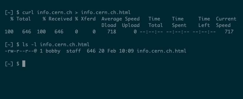 A curl command with output redirected to a file, showing timing information for the transfer.