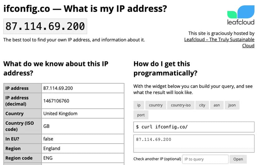 The ifconfig.co home page in a web browser with details including the user’s public IP address. their country, and their region.