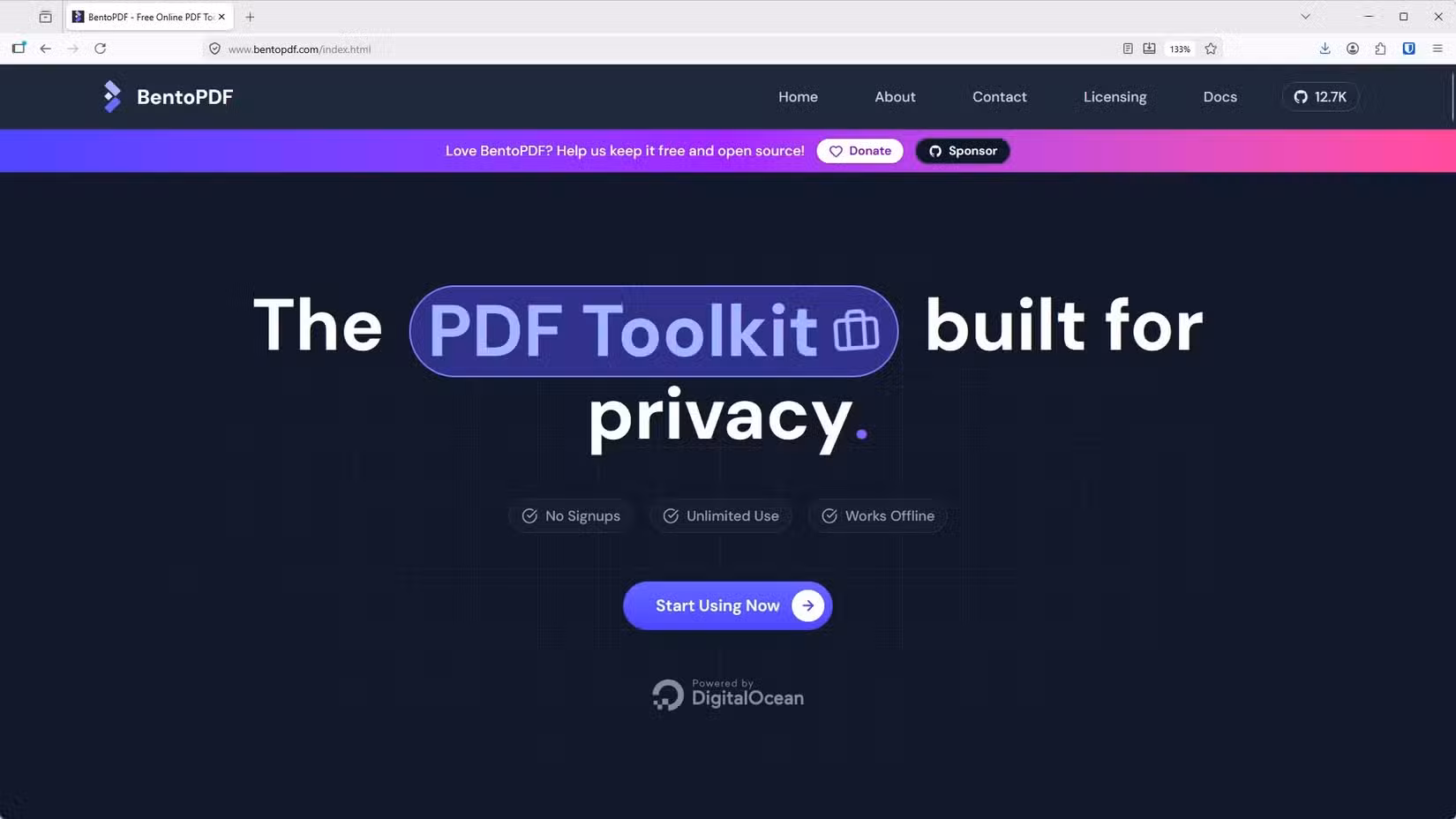 The BentoPDF landing page with a Start Using Now button visible.