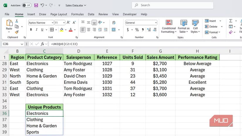 UNIQUE function to list unique products in Excel.