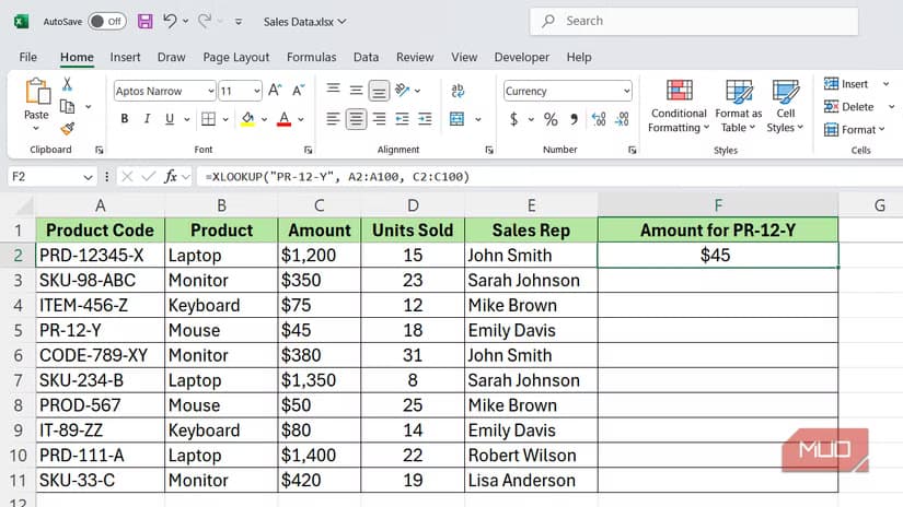 XLOOKUP function to find product amount with code in Excel.
