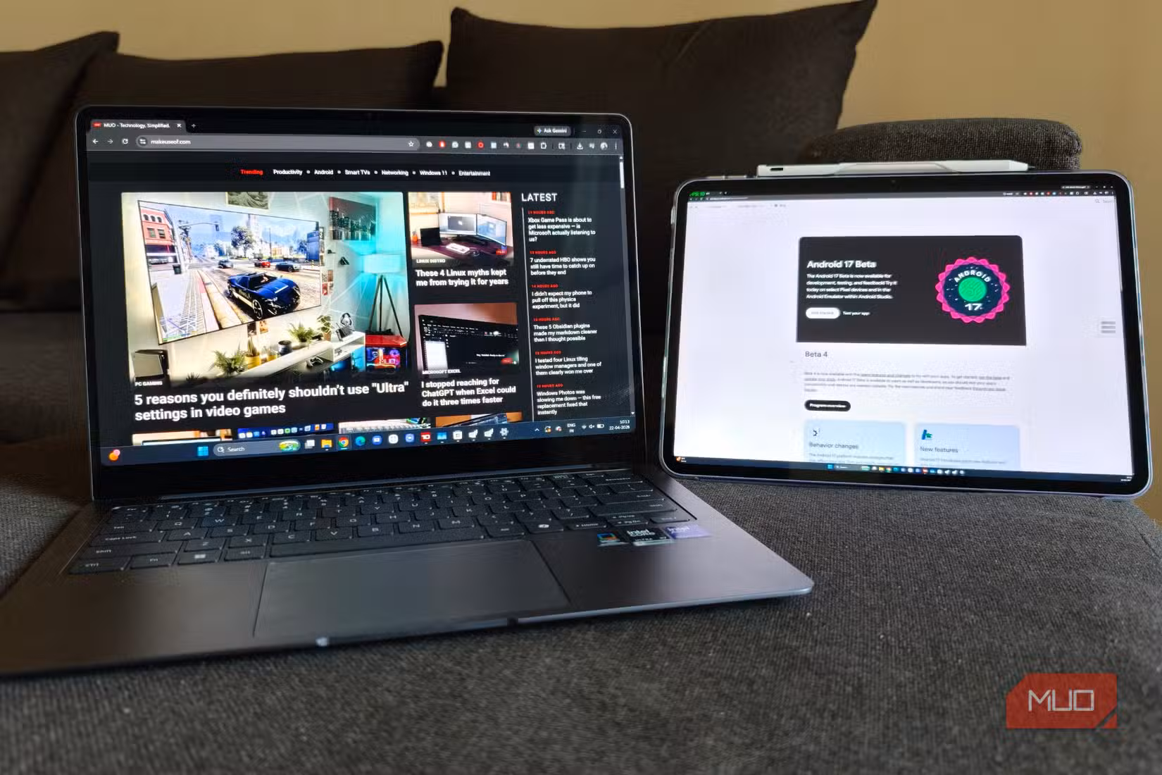 Android 17 beta on tablet and website opened on laptop