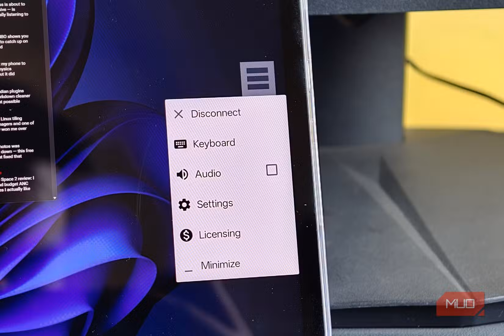 hamburger menu on spacedesk app