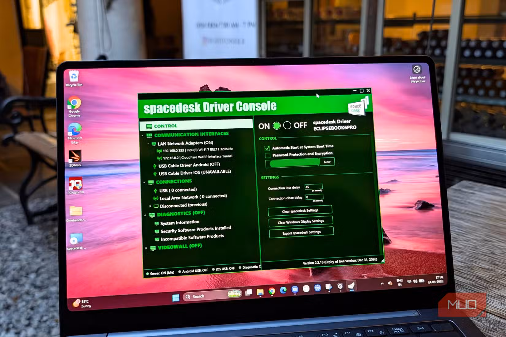 Spacedesk driver console settings on a laptop