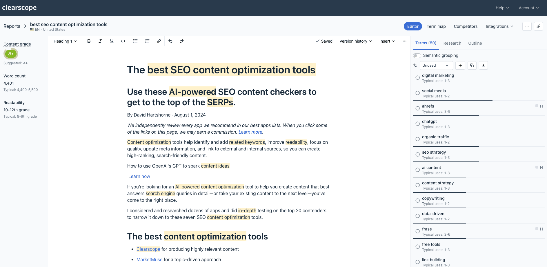 Clearscope, our pick for the best Ahrefs alternative for SEO content optimization