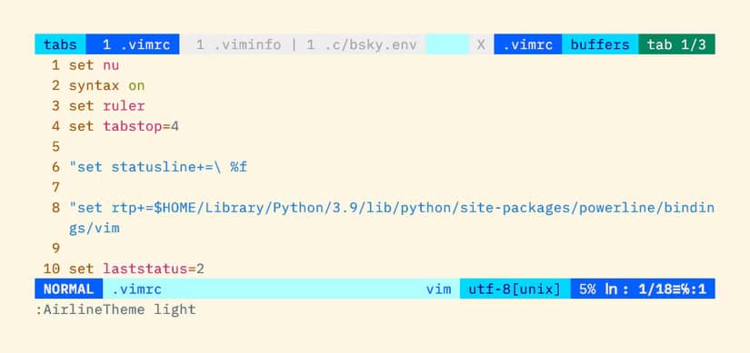 Vim airline with a theme using mainly shades of blue, showing a tab bar at the top of the window.