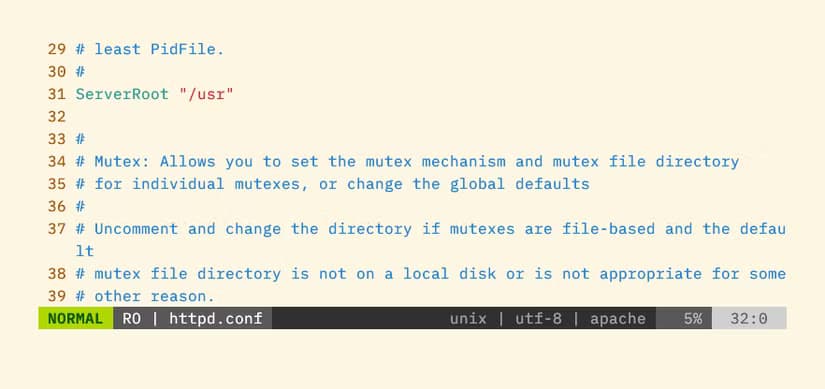 The lightweight.vim plugin showing a statusline with mode, read only flag, filename, line ending type, encoding, and ruler.