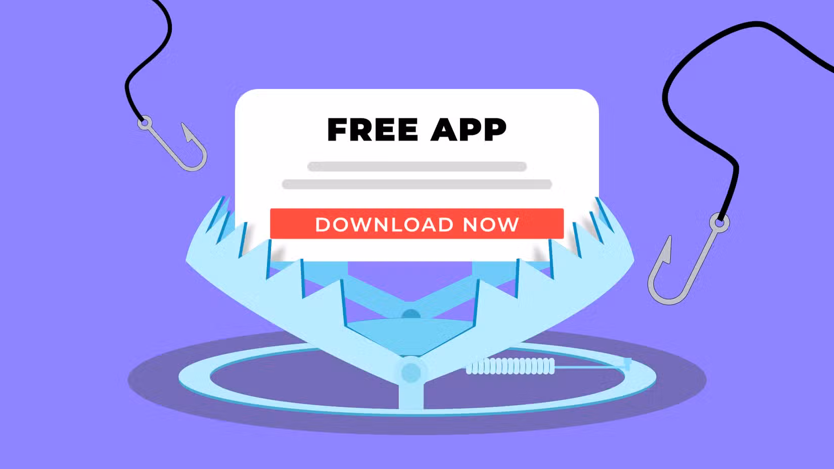 Bear trap baited with a 'Free App' download button, surrounded by fishing hooks.