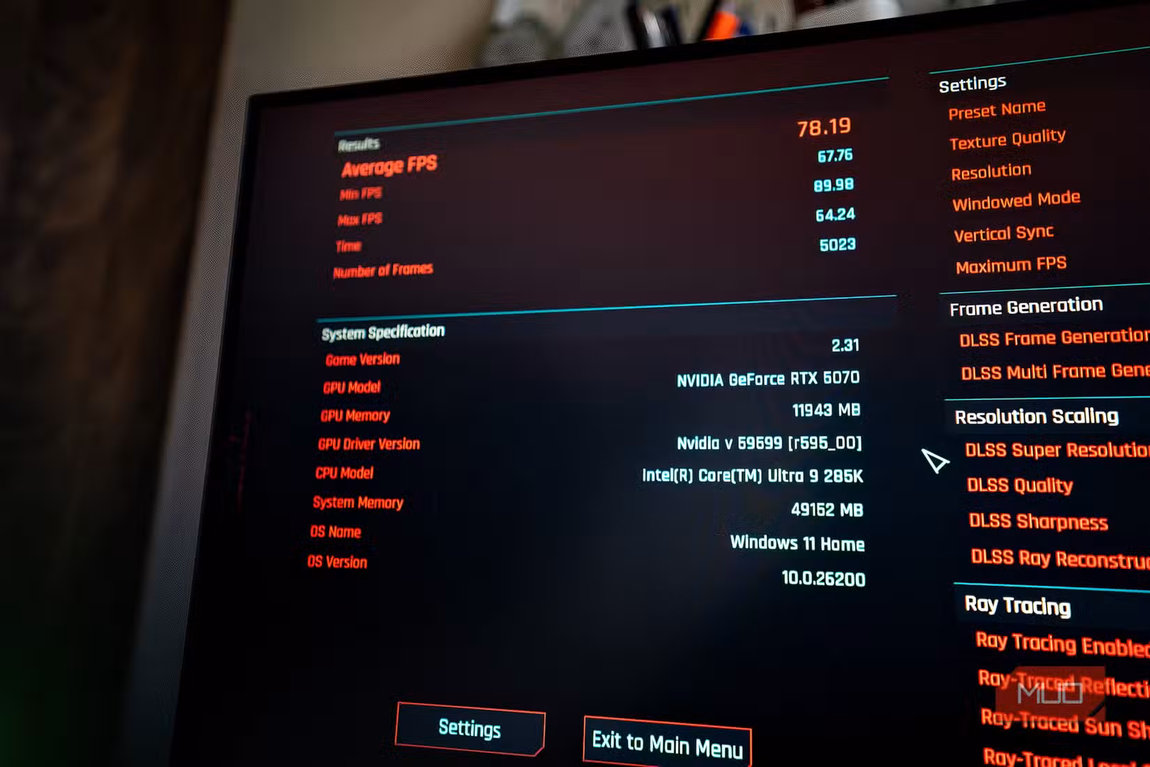 cyberpunk 2077 benchmark final result on an RTX 5070 build
