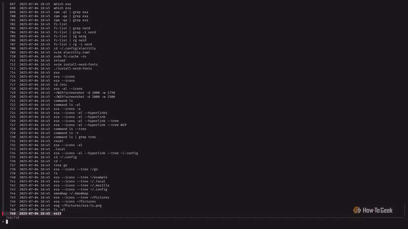 A terminal window displays a list of commands. This is the output of the fzf History Search command.