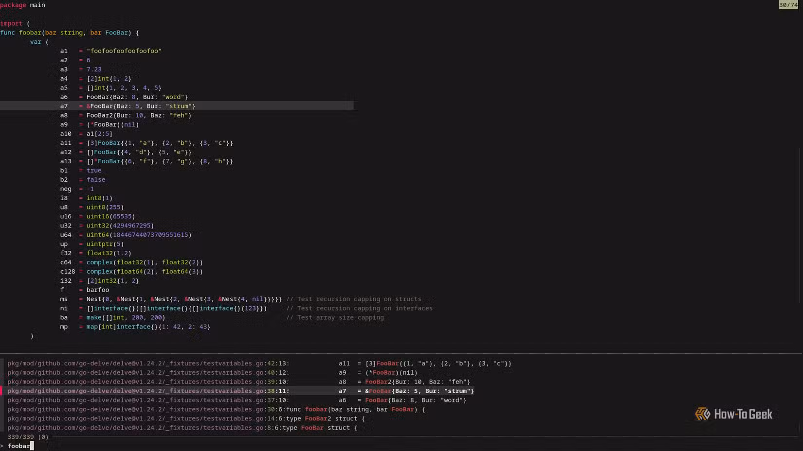 A terminal window that is split horizontally. The top half displays code with syntax highlighting. The bottom half displays a list of file paths.