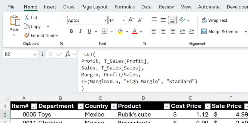The Excel formula bar expanded vertically to show a multiline LET formula.