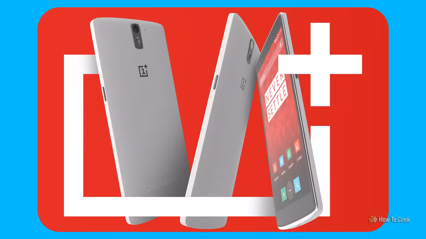 Three OnePlus One smartphones arranged within a large white OnePlus logo on a red background.