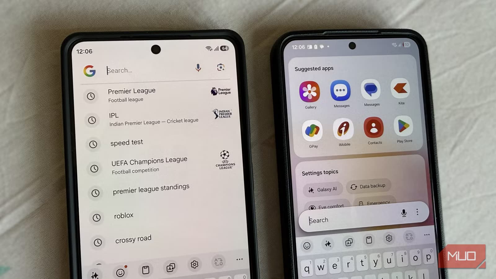 Google search and Samsung Finder on two phones