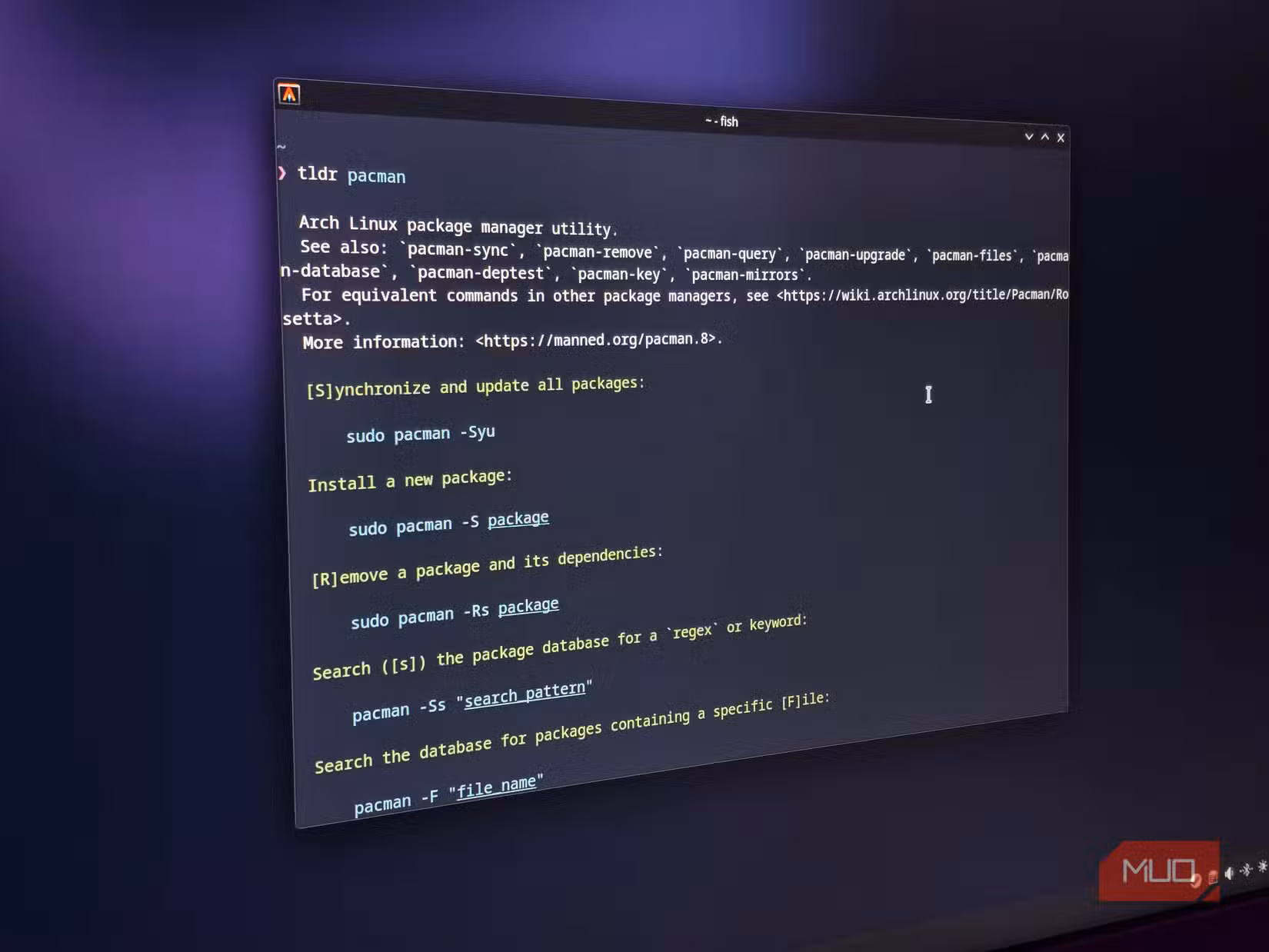 tldr explaining pacman commands in a terminal window