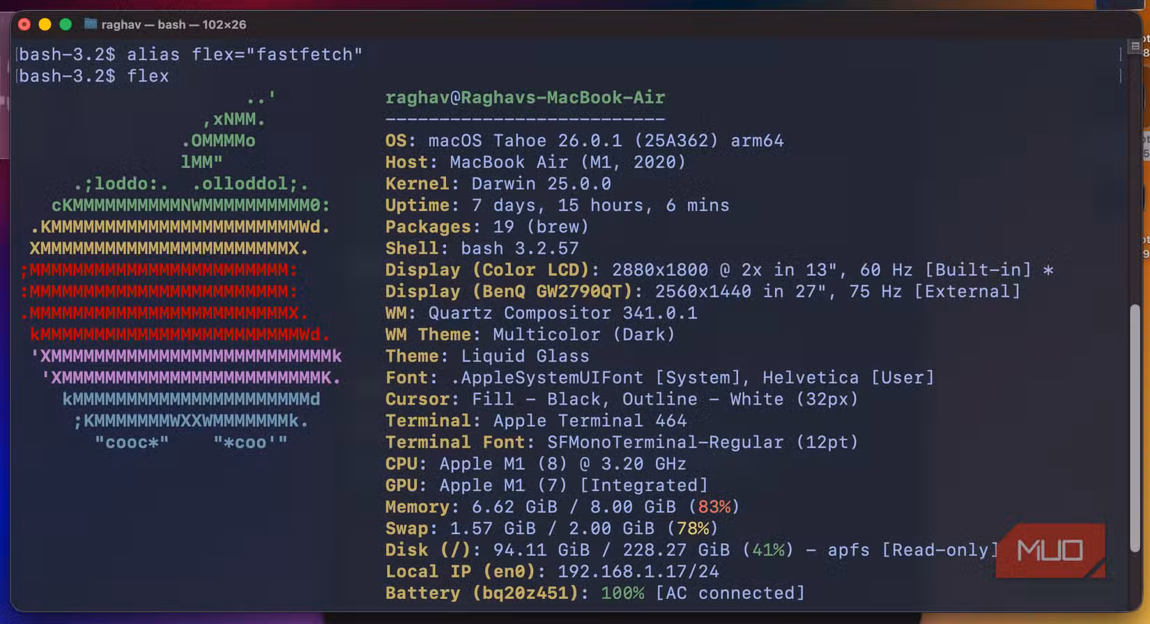 Fastfetch invoked in a terminal window via an alias