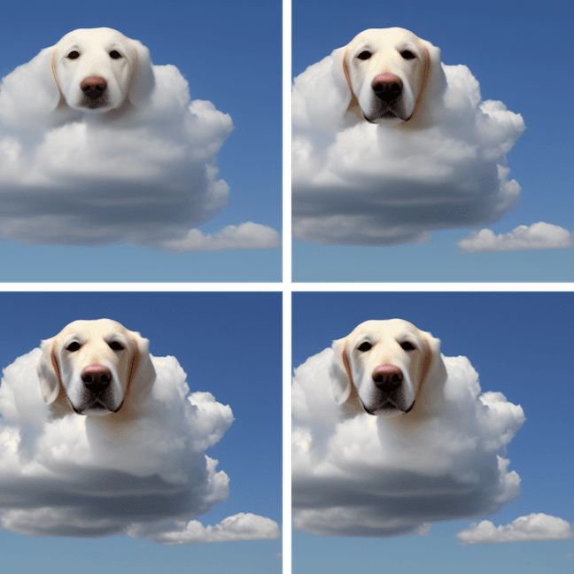 A series of images generated from AI: dog-shaped cloud floating in a clear blue sky