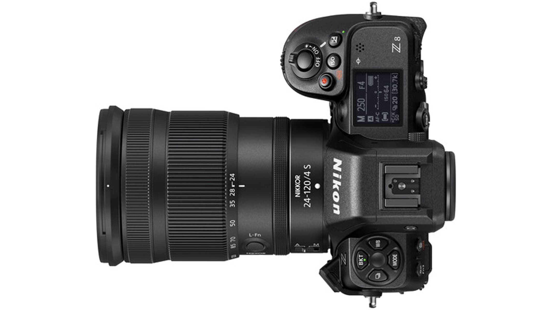 Nikon Z8 and NIKKOR Z 24-120mm f4 S on a white background