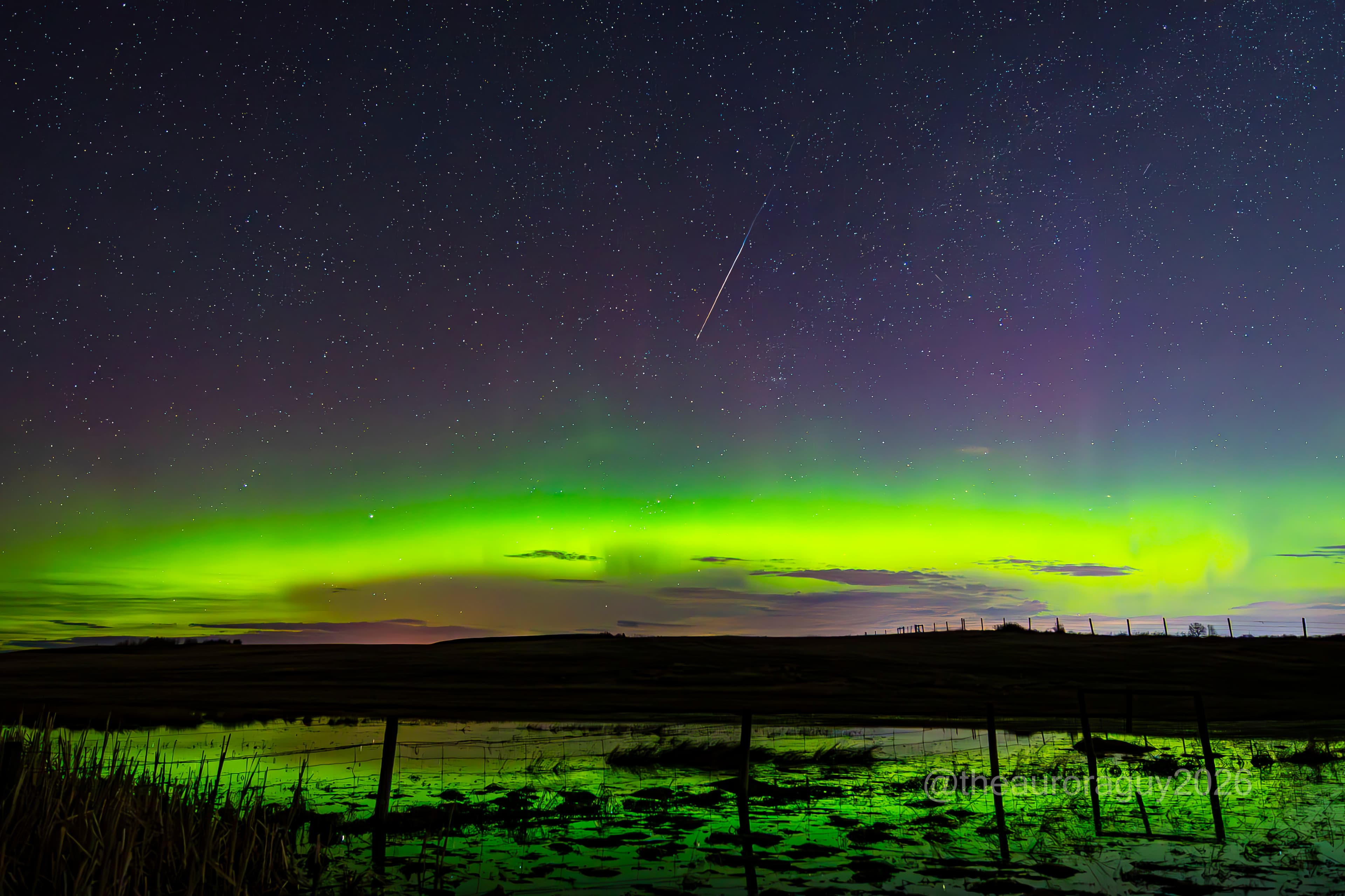 Bright green auroras glowing in a starry sky are reflected in a foreground pond as a meteor streaks earthward at the middle top of the photo.
