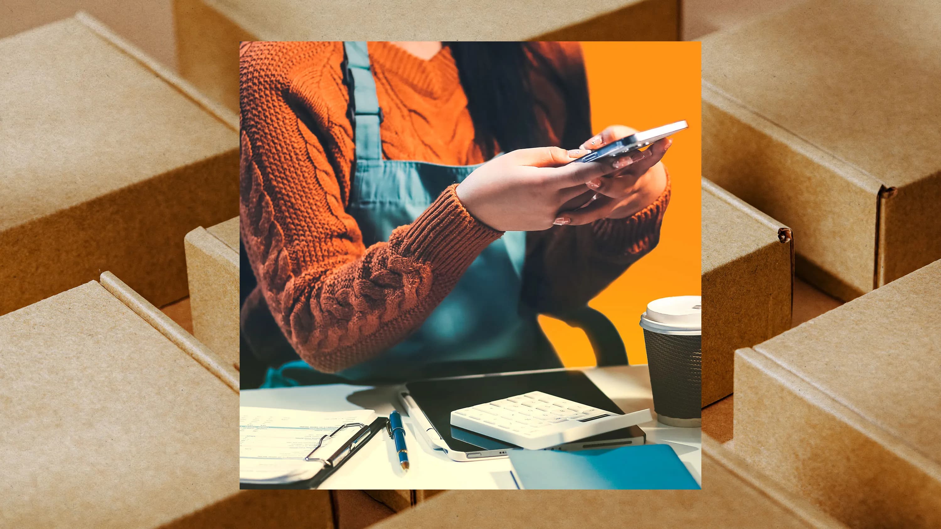 image of a person in an orange sweater and a work apron using a smartphone at their desk inset into an image of cardboard boxes